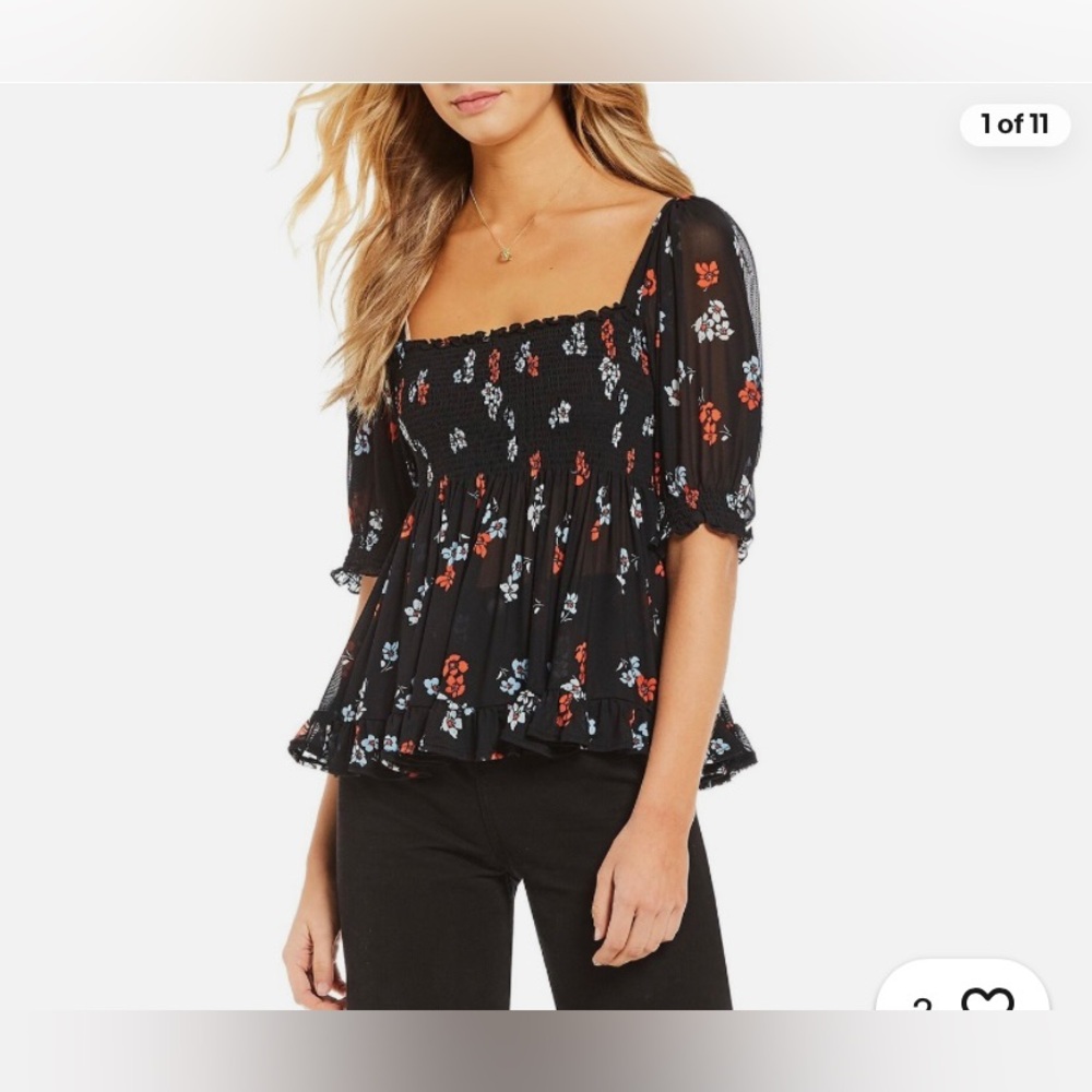 Free People Black Blouse with Floral Design